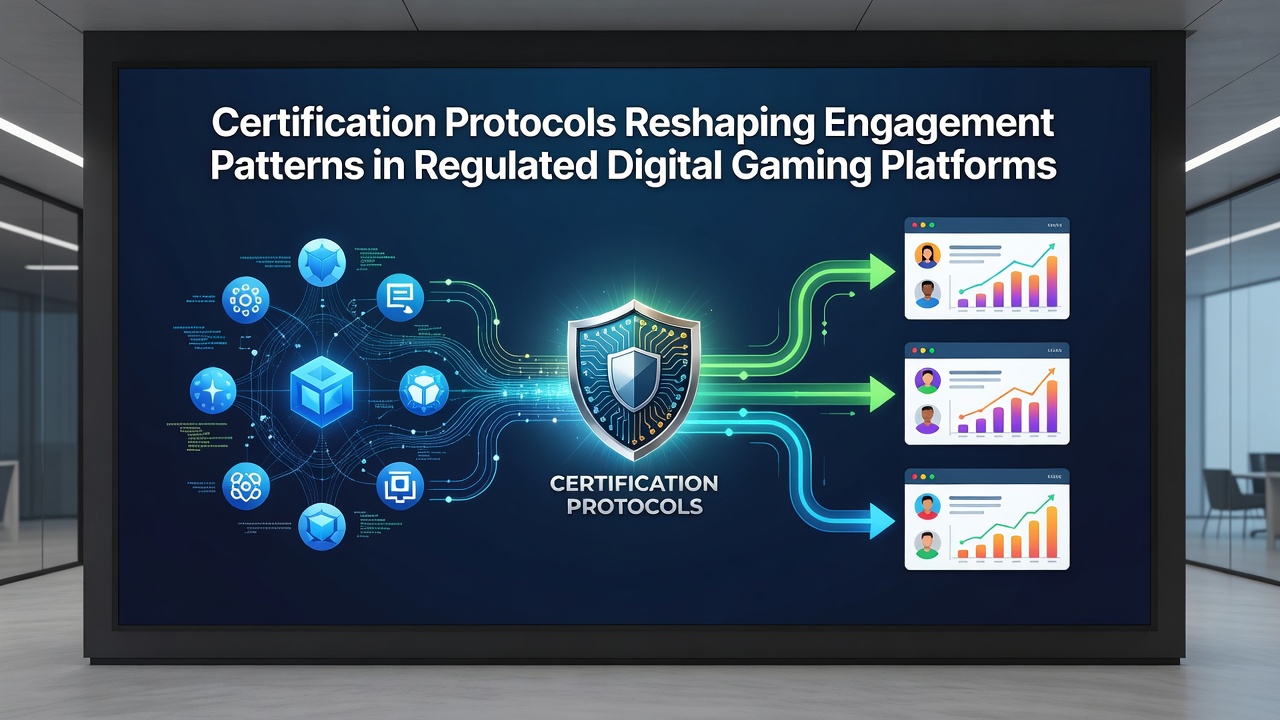 Players engaging with certified gaming platforms on multiple devices with compliance indicators visible on screen