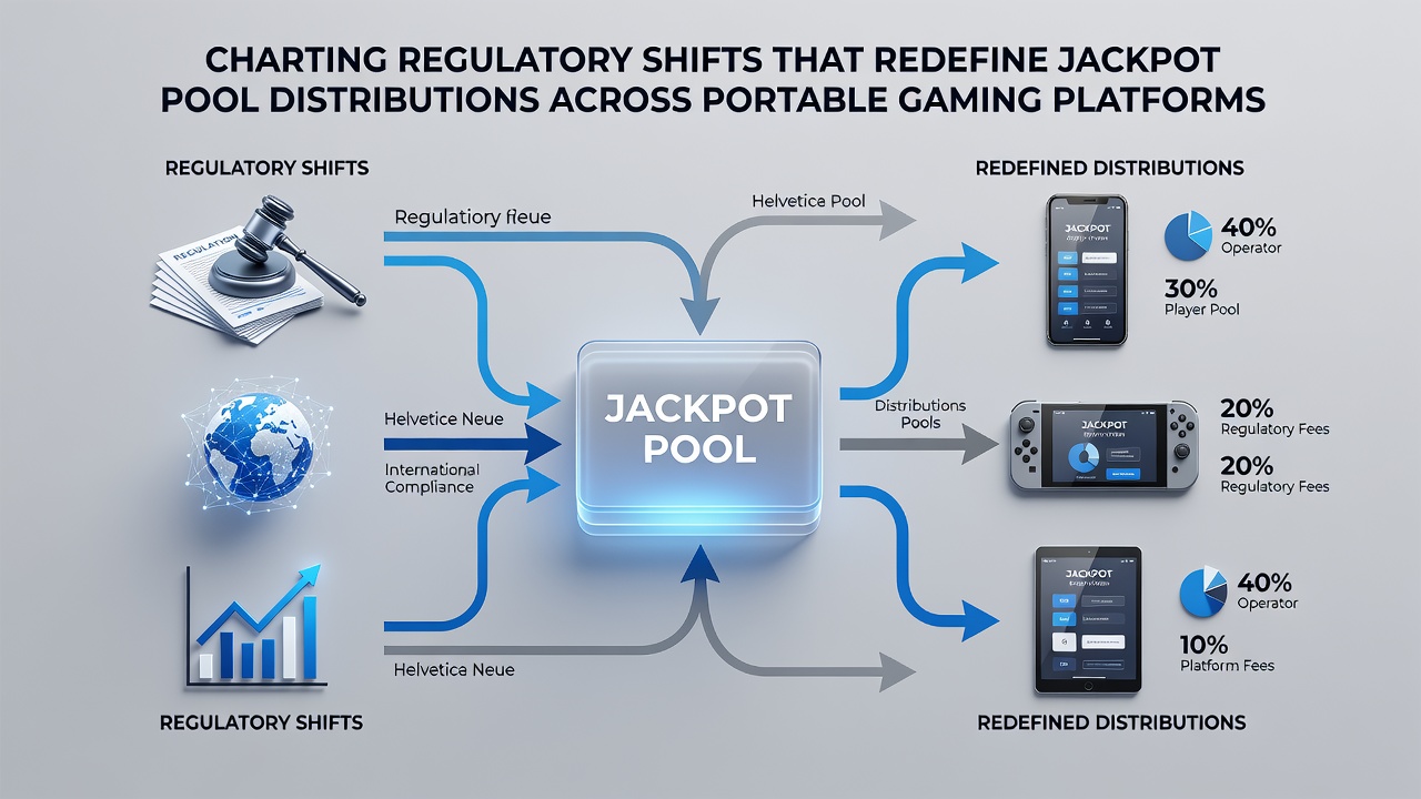 Mobile device screens displaying jackpot meters and regulatory compliance dashboards for portable gaming applications