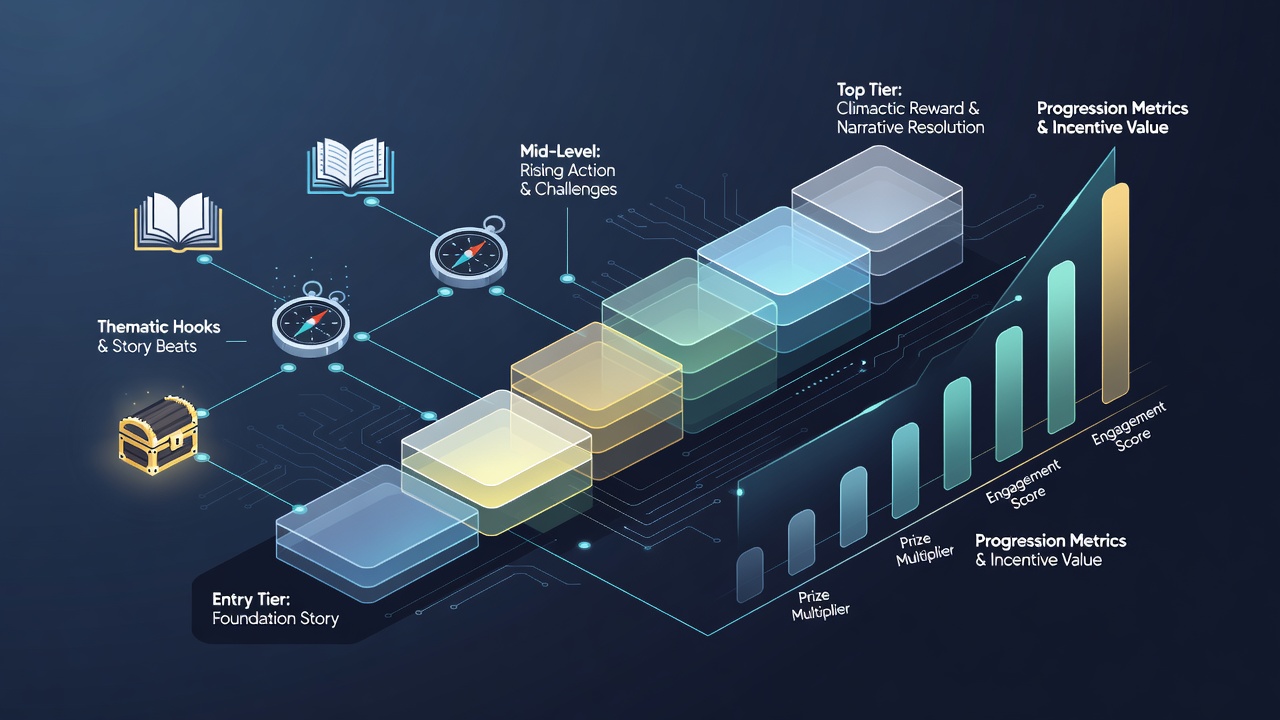 Illustration of tiered incentive progression on a tablet showing narrative story beats connected to reward levels