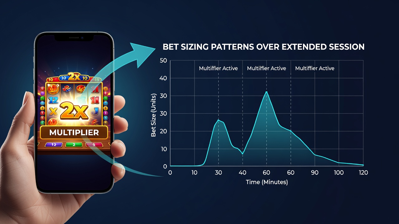 Graph showing bet size increases aligned with timed multiplier activations in mobile slot data