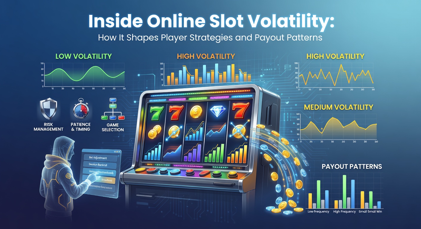 Digital graphic illustrating slot machine reels with fluctuating volatility indicators, showing low, medium, and high variance patterns in vibrant colors