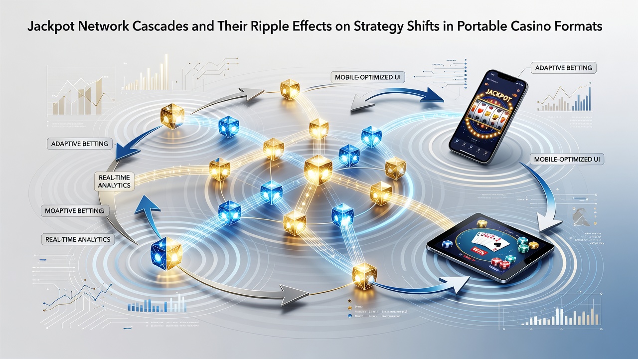 Illustration of interconnected jackpot networks across mobile casino interfaces showing cascading win patterns