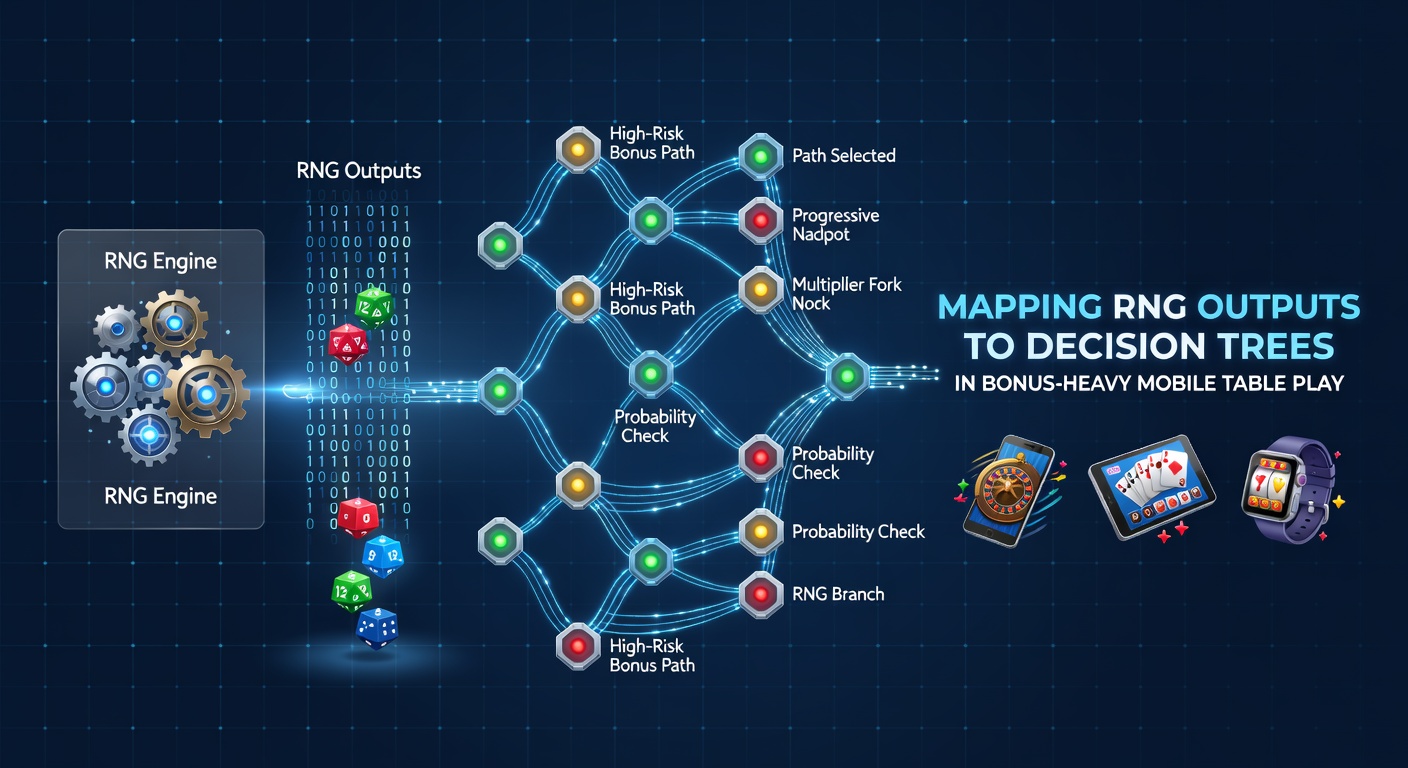 Diagram showing RNG outputs feeding into decision tree branches for mobile table game bonuses
