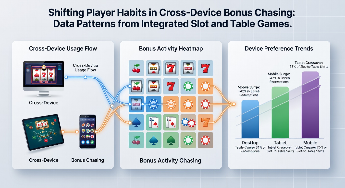 Analytics dashboard displaying cross-device player movement and bonus redemption data from combined slot and table game platforms