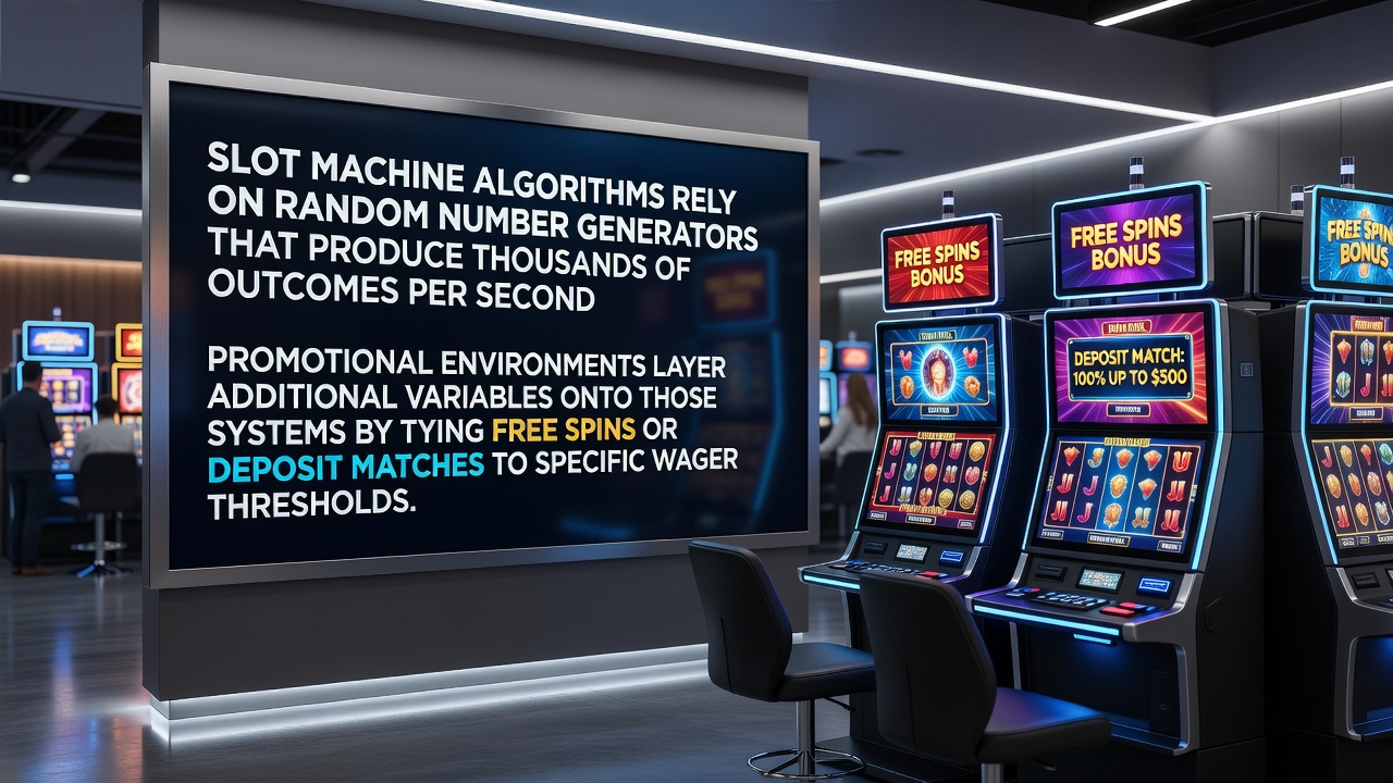 Slot machine interface displaying RNG-generated reel outcomes alongside promotional bonus indicators