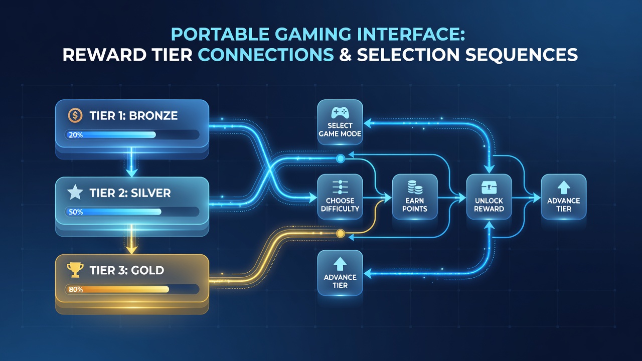 Portable device screen showing sequence of game selections tied to reward tier benefits